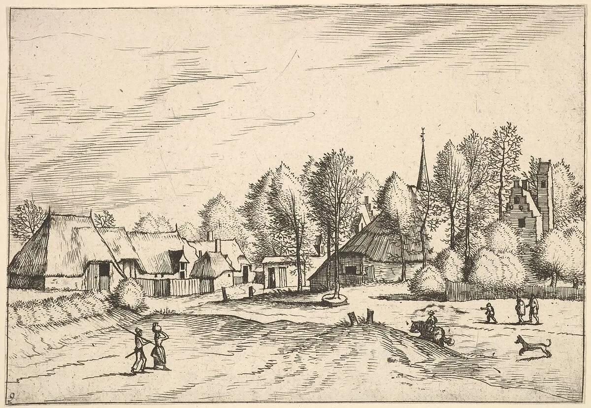 Country Village with Church Tower from Multifariarum casularum ruriumque lineamenta curiose ad vivum expressa — Johannes van Doetecum I|Lucas van Doetecum|The Master of the Small Landscapes|Pieter Bruegel the Elder|Cornelis Cort|Hieronymus Cock