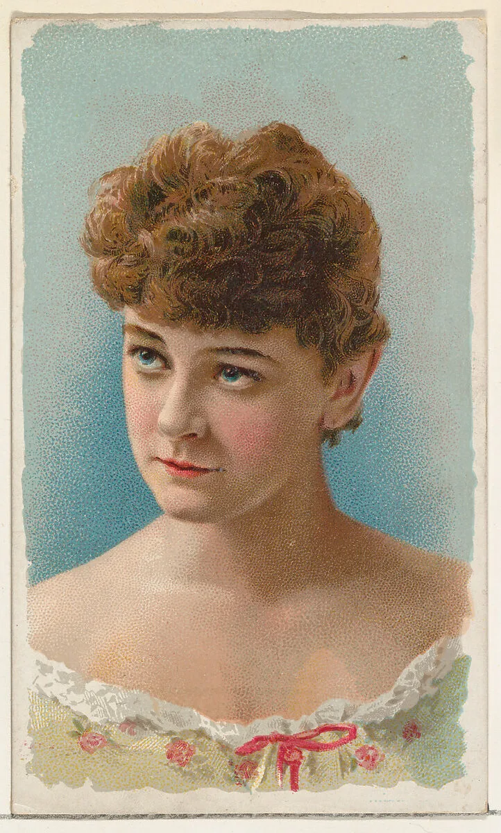 Actress wearing flowered bodice with pink ribbon bow, from Stars of the Stage, First Series (N129) issued by W. Duke, Sons & Co. to promote Honest Long Cut Tobacco — Knapp & Company|W. Duke, Sons & Co.