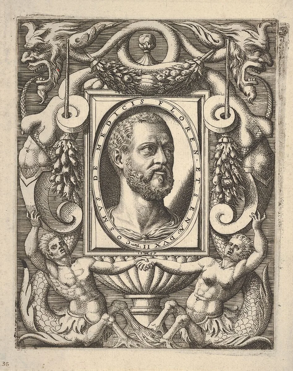 Bust portrait of Cosimo I de' Medici, in an oval frame set within a rectangular plaque, surrounded by fantastical ornament — Nicolò Nelli