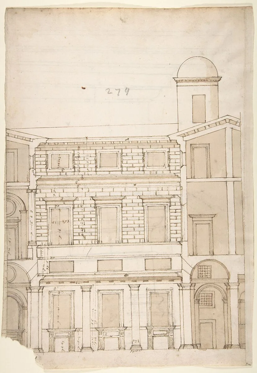Palazzo Massimo alle Colonne, cortile, section (recto) Palazzo Massimo alle Colonne , first story loggia entablature, profile section and column shaft (verso) — Anonymous, French, 16th century