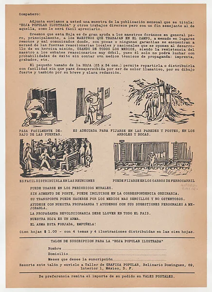 Broadsheet relating to a subscription for Taller de Grafica Popular's 'Hoja Popular Ilustrada' (revolutionary propaganda and news), figures distributing flyers in various locations — Alfredo Zalce|Taller de Gráfica Popular
