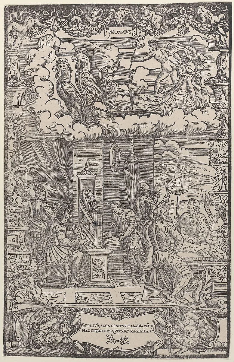 In upper section Mercury in a chariot drawn by two cocks, below musicians and astronomers, from 'The Seven Planets' — Girolamo Grandi