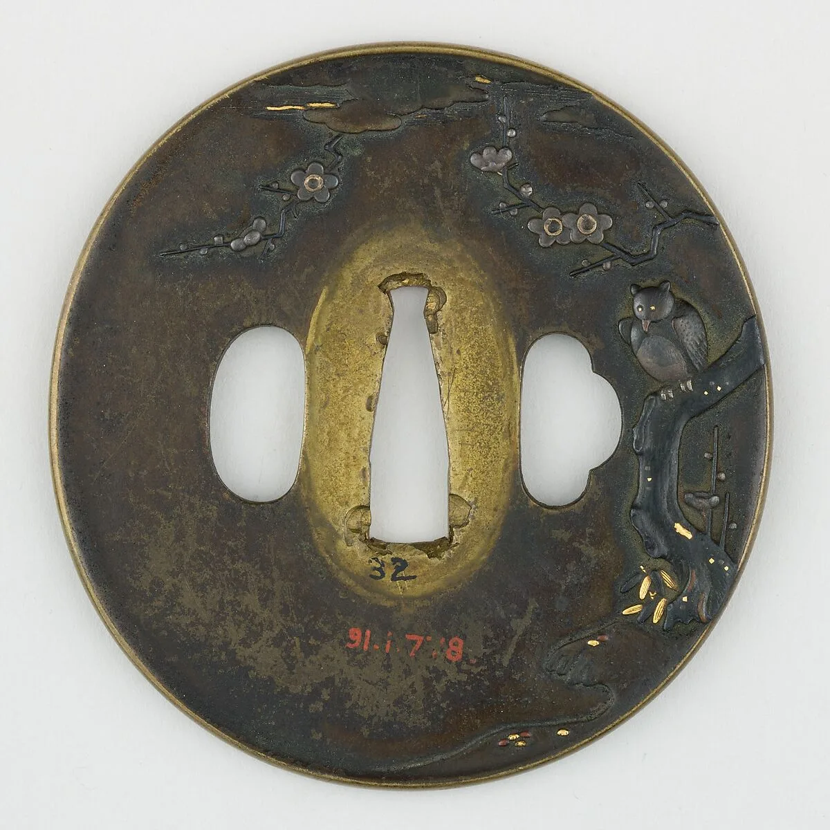 Sword Guard (<i>Tsuba</i>) Depicting Horned Owl in Plum Tree (梅樹に木菟図鐔) — Unknown