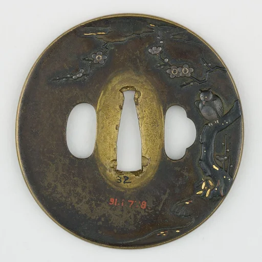 Sword Guard (<i>Tsuba</i>) Depicting Horned Owl in Plum Tree (梅樹に木菟図鐔)