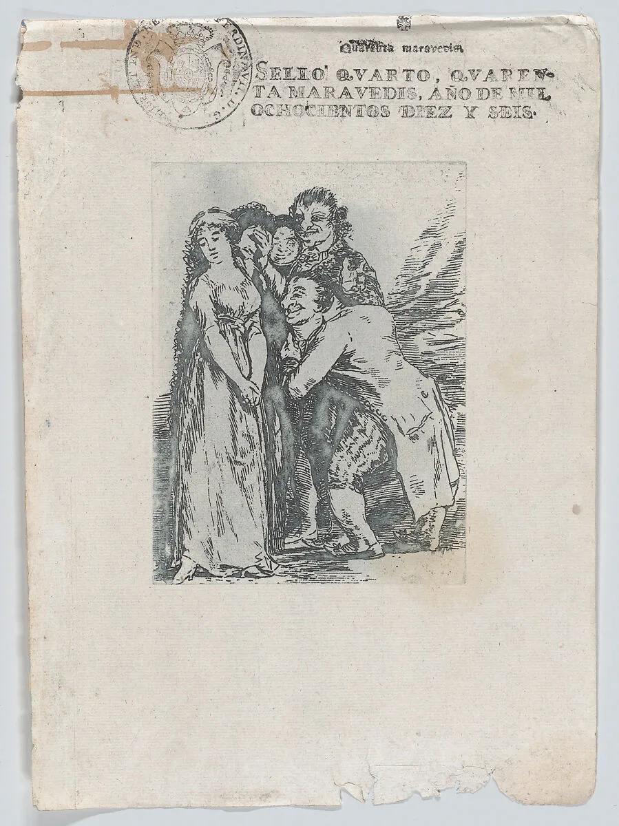 Reproduction in reverse of Goya's Sueño drawing that was preparatory for Plate 14 from Los Caprichos, 'What a sacrifice', a young woman surrounded by a group of men, which includes her fiancé, a rich hunchback — Goya (Francisco de Goya y Lucientes)