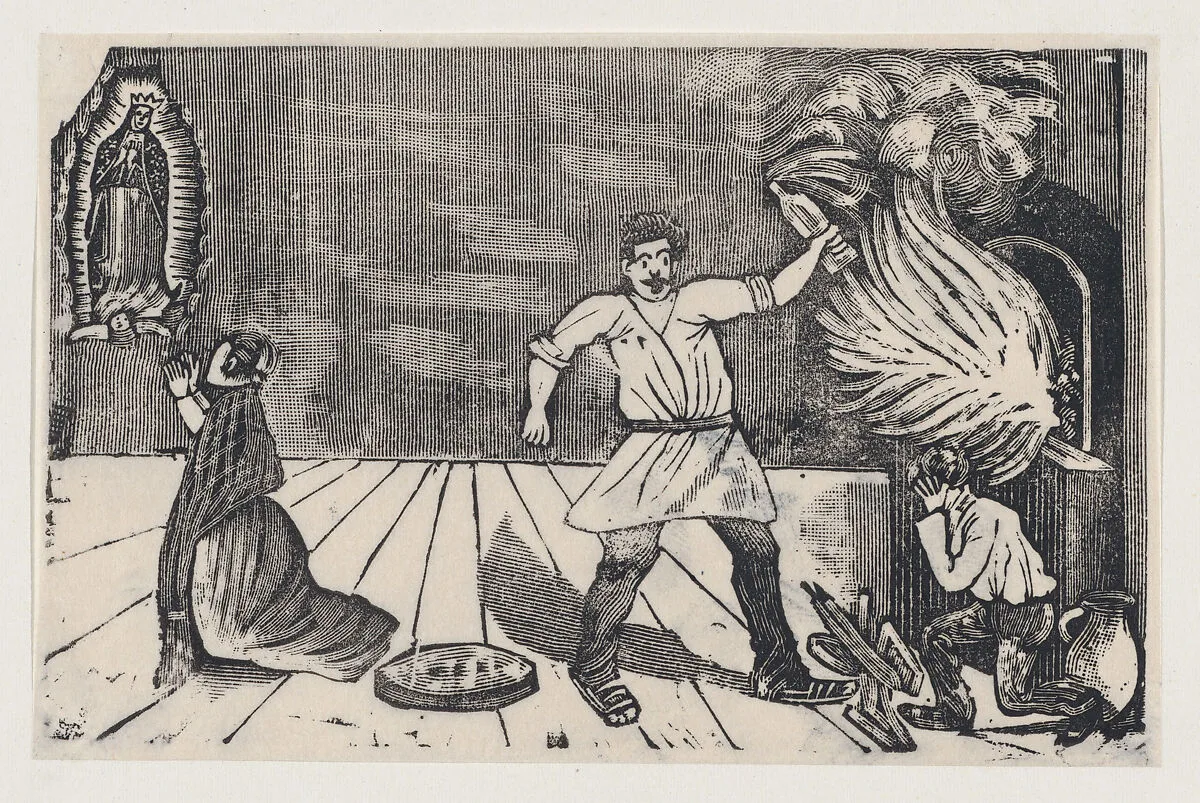 Woman praying to the Virgin of Guadalupe as her husband rages — José Guadalupe Posada