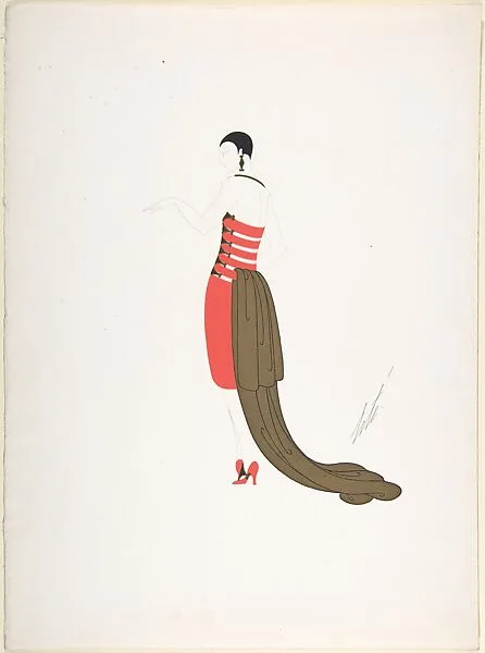 Design for Red Dress with Ladder Back and Gold Train for "Manhattan Mary," Majestic Theater, New York — Erté (Romain de Tirtoff)