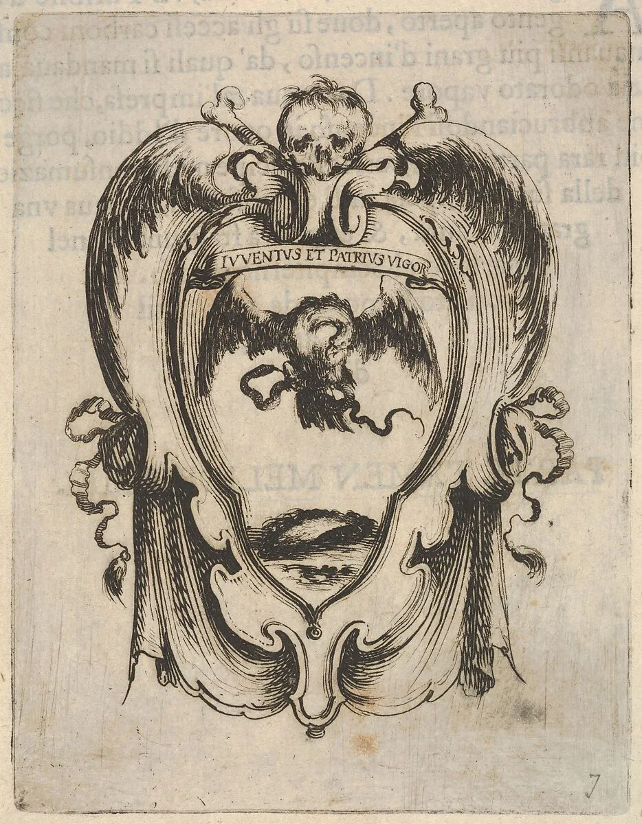 A cartouche with an eagle and a snake, a skull and crossbones at top, wings to either side, from 'Eight Emblems for the Funeral of Francesco de Medici' (Huit emblèmes pour les funérailles du prince François de Médicis) — Stefano della Bella