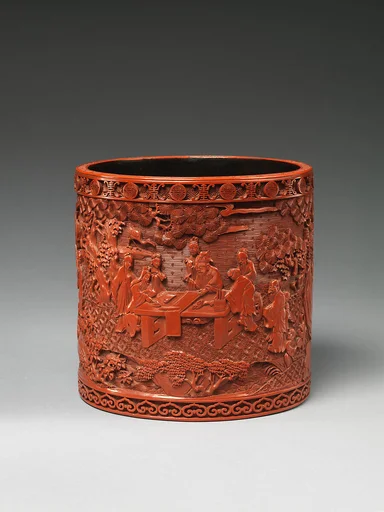 清乾隆   剔紅西園雅集圖筆筒|Brush holder with scholars in a garden