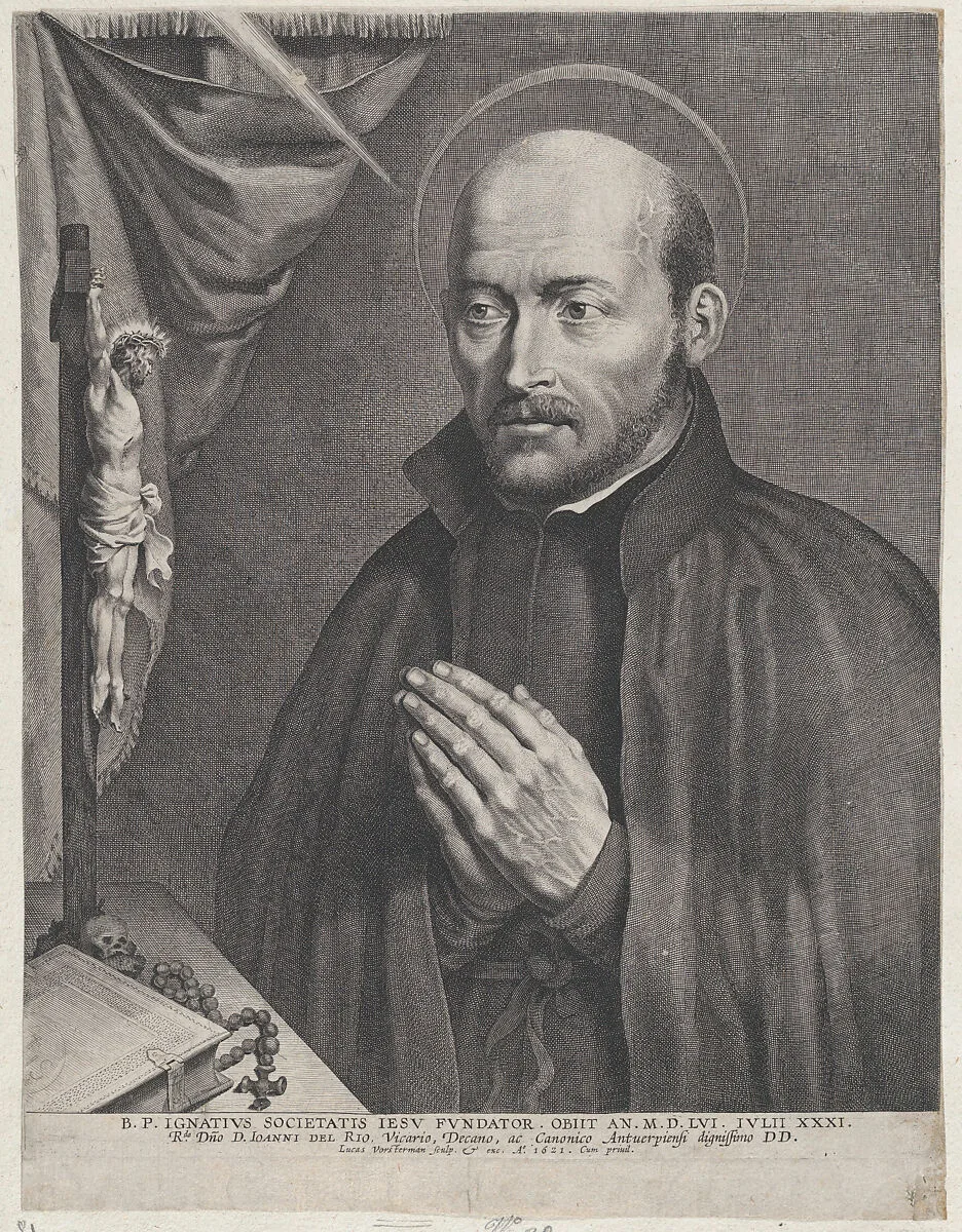 Saint Ignatius of Loyola, praying towards the left with a crucifix, a rosary, a book, and a skull on the table in front of him — Lucas Vorsterman I|Peter Paul Rubens