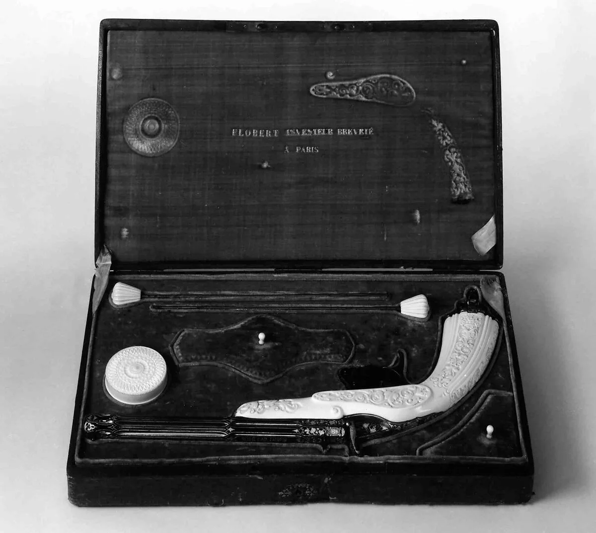 Breech-Loading Rimfire Cartridge Pistol with Case and Accessories — Louis Nicolas Auguste Flobert