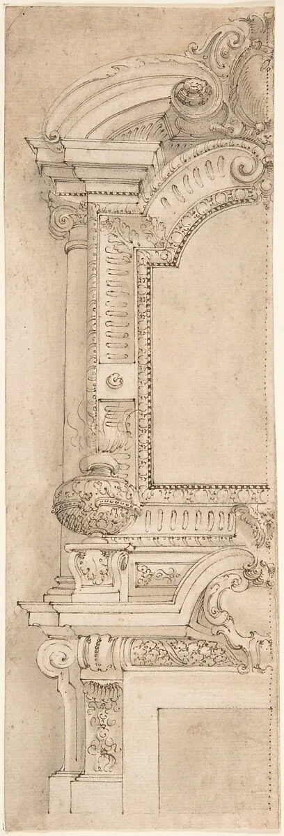 Design for the left half of a chimneypiece — Anonymous, Italian, 17th century