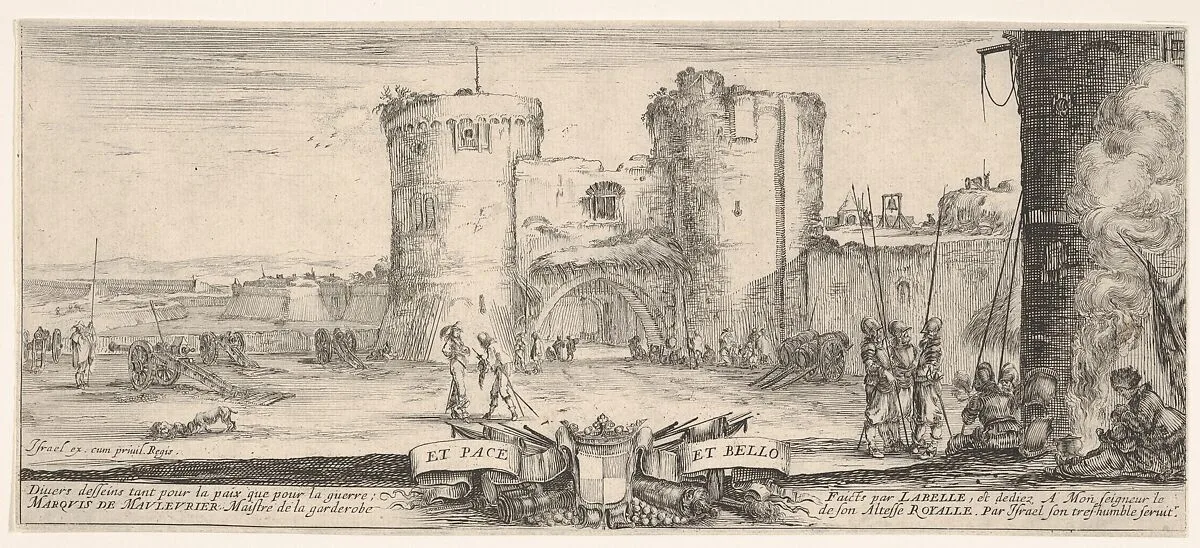 An entrance to a fortress in center, a woman with child seated by a fire to right, soldiers gather to right and in center, cannons in landscape to left, title page for 'Peace and War' (Divers desseins tant pour la paix que pour la guerre) — Stefano della Bella|Israël Henriet