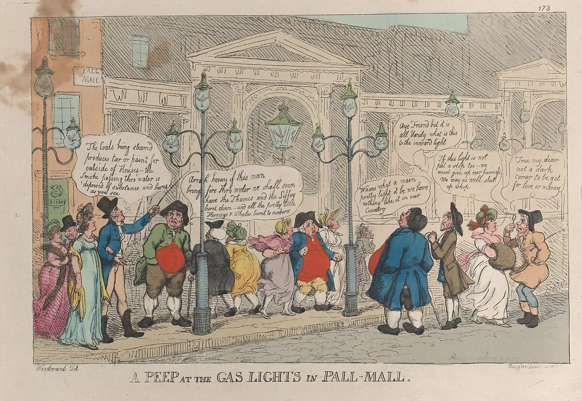 A Peep at the Gas Lights in Pall-Mall — Thomas Tegg|George Murgatroyd Woodward|Thomas Rowlandson