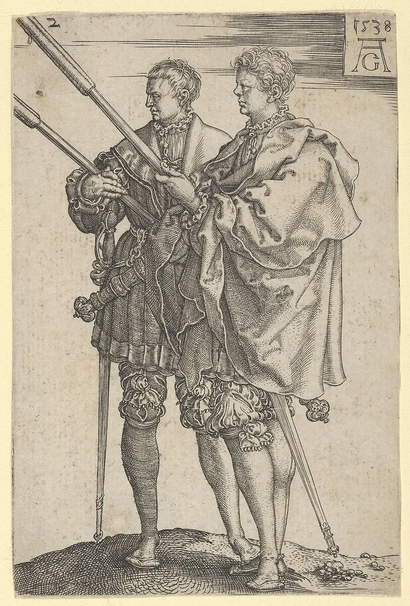Two Torch-Bearers, from "The Large Wedding Dancers" — Heinrich Aldegrever