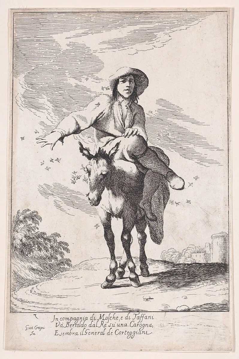 Plate 1: Bertoldo riding a donkey, from "Bertoldo, Bertoldino, and Cacasenno" — Giuseppe Maria Crespi