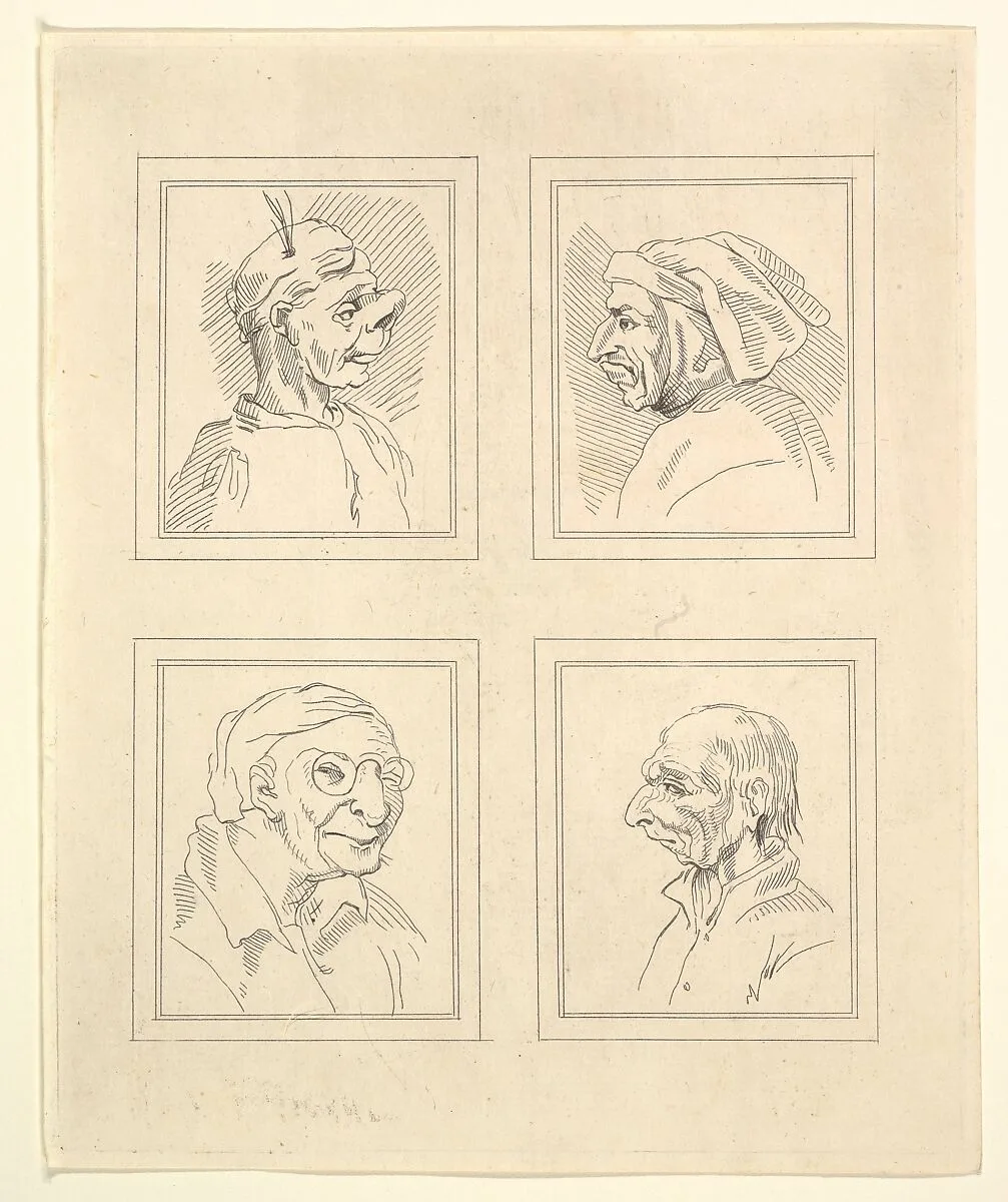 Four Heads (from Characaturas by Leonardo da Vinci, from Drawings by Wincelslaus Hollar, out of the Portland Museum) — John Clarke|Wenceslaus Hollar|Leonardo da Vinci