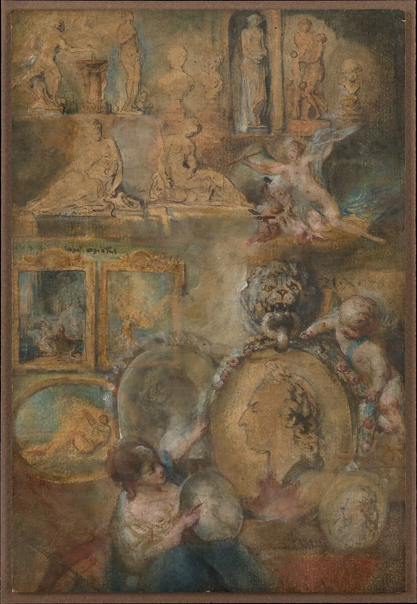 Allegory of Louis XV as Patron of the Arts with Paintings and Sculpture from the Salon of 1769 — Gabriel de Saint-Aubin