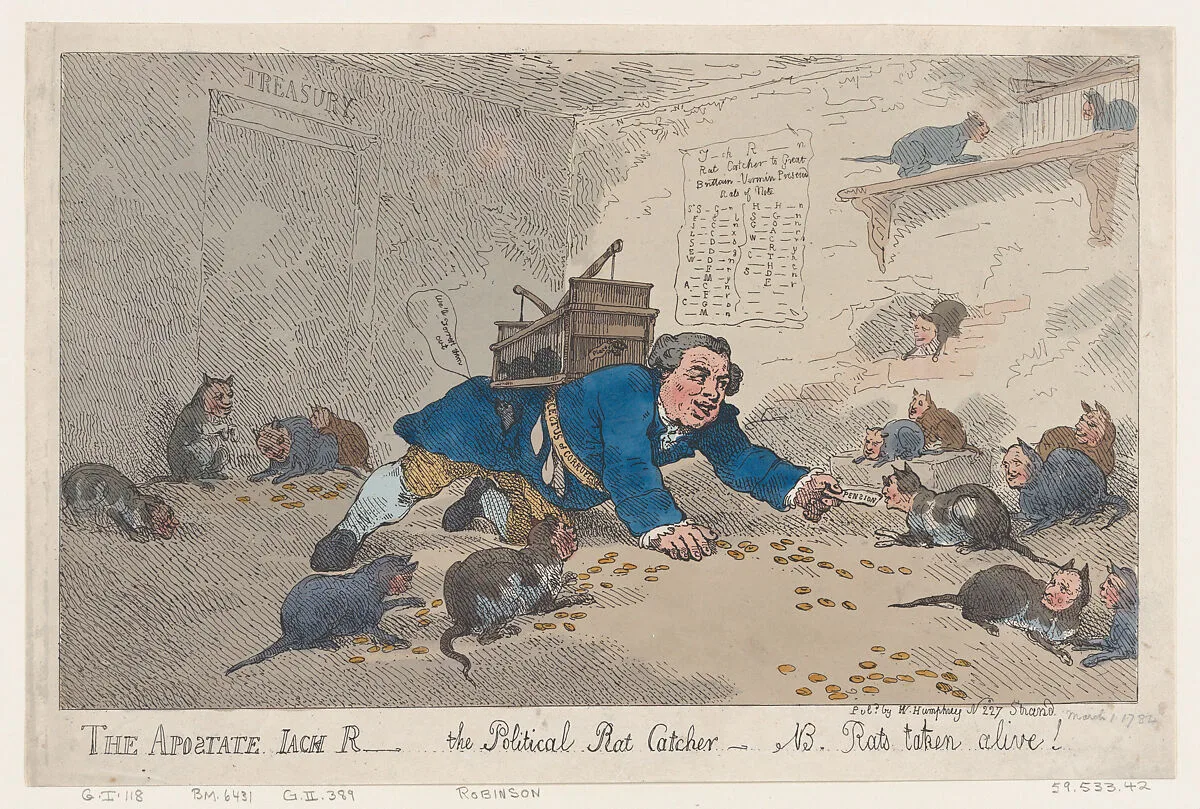 The Apostate Jack Robinson, The Political Rat Catcher–N.B. Rats Taken Alive! — Thomas Rowlandson|William Humphrey|John Robinson