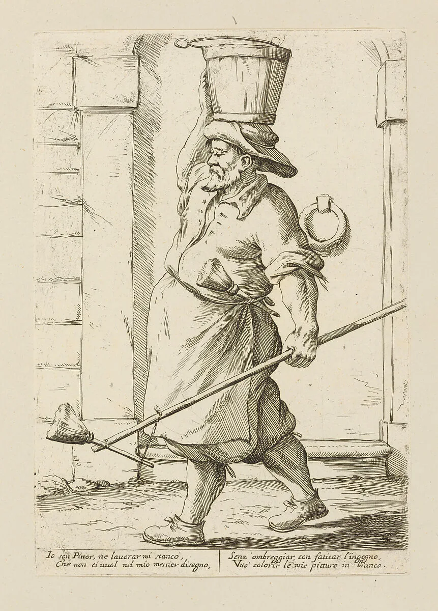 Mason Going to Whitewash Walls, from Di Bologna l'Arti per via D'An.ibal' Ca.rac, plate 7 — Giuseppe Maria Mitelli|Annibale Carracci|Giovanni Giacomo De Rossi
