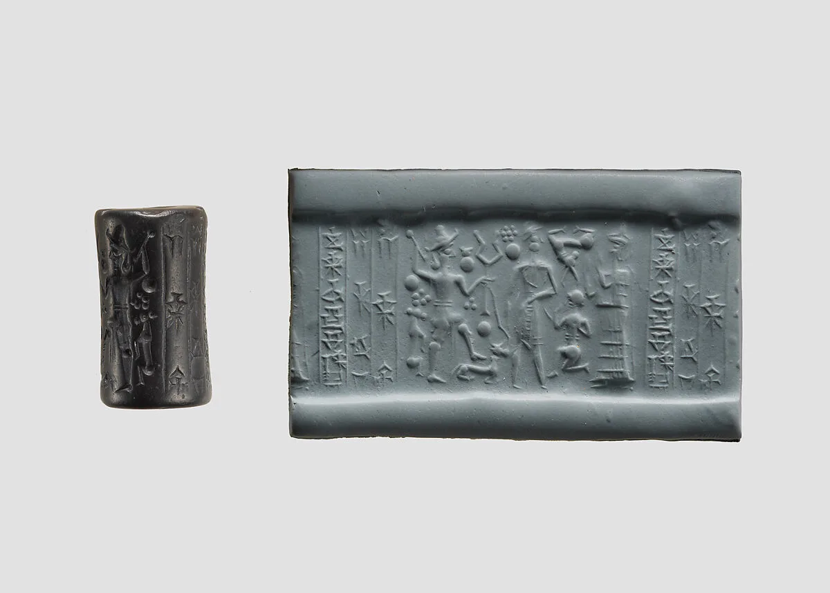 Cylinder seal and modern impression: god with mace and suppliant goddess — Unknown