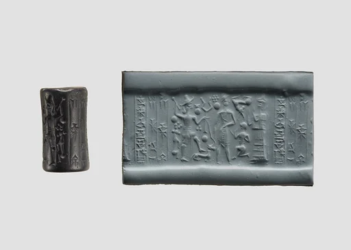 Cylinder seal and modern impression: god with mace and suppliant goddess