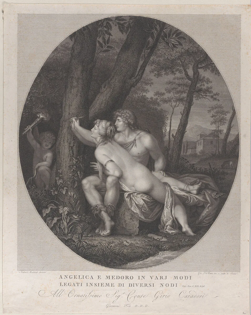 Angelica lying across the lap of Medoro and writes their names on a tree trunk — Teodoro Matteini|Giovanni Folo