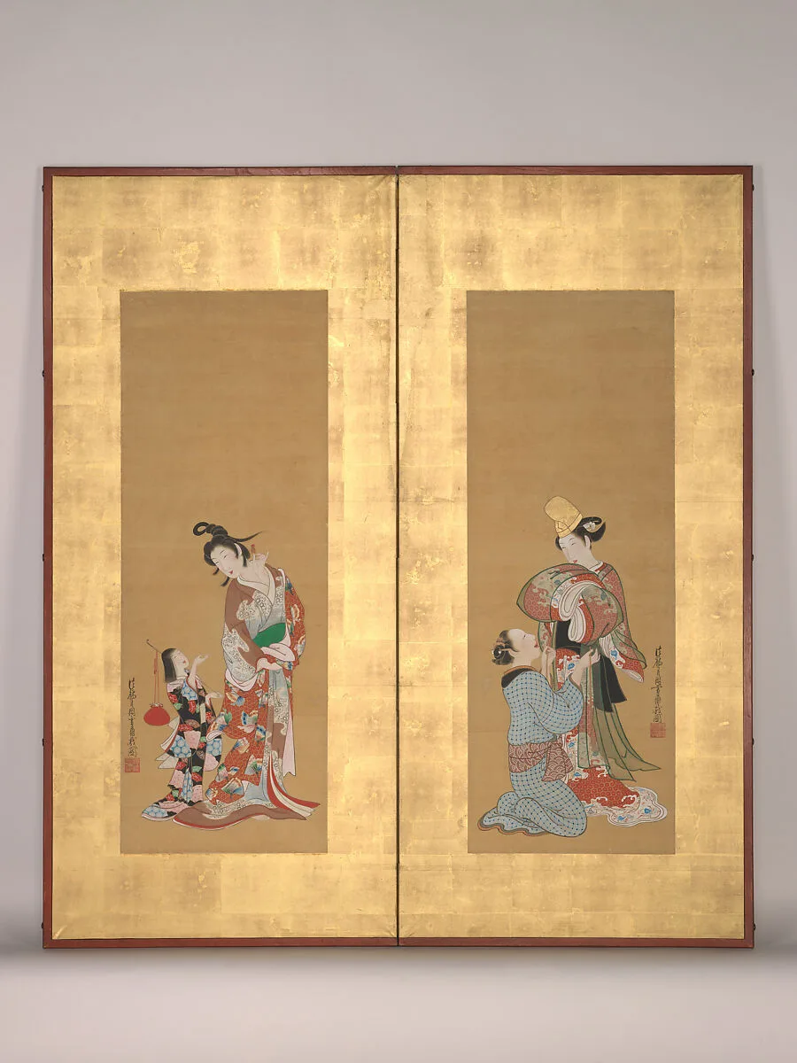 白拍子・遊女図|Shirabyōshi Dancer and Female Servant; Courtesan and Girl Attendant — Tsukioka Settei