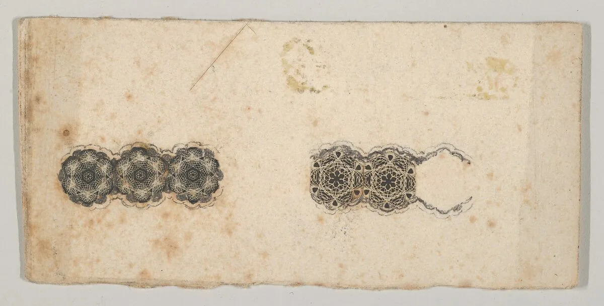 Banknote motif: two bands of ornamental lathe work resembling florets and hexagons — A. B. & C. Durand & Company|Durand, Perkins, and Company|Cyrus Durand