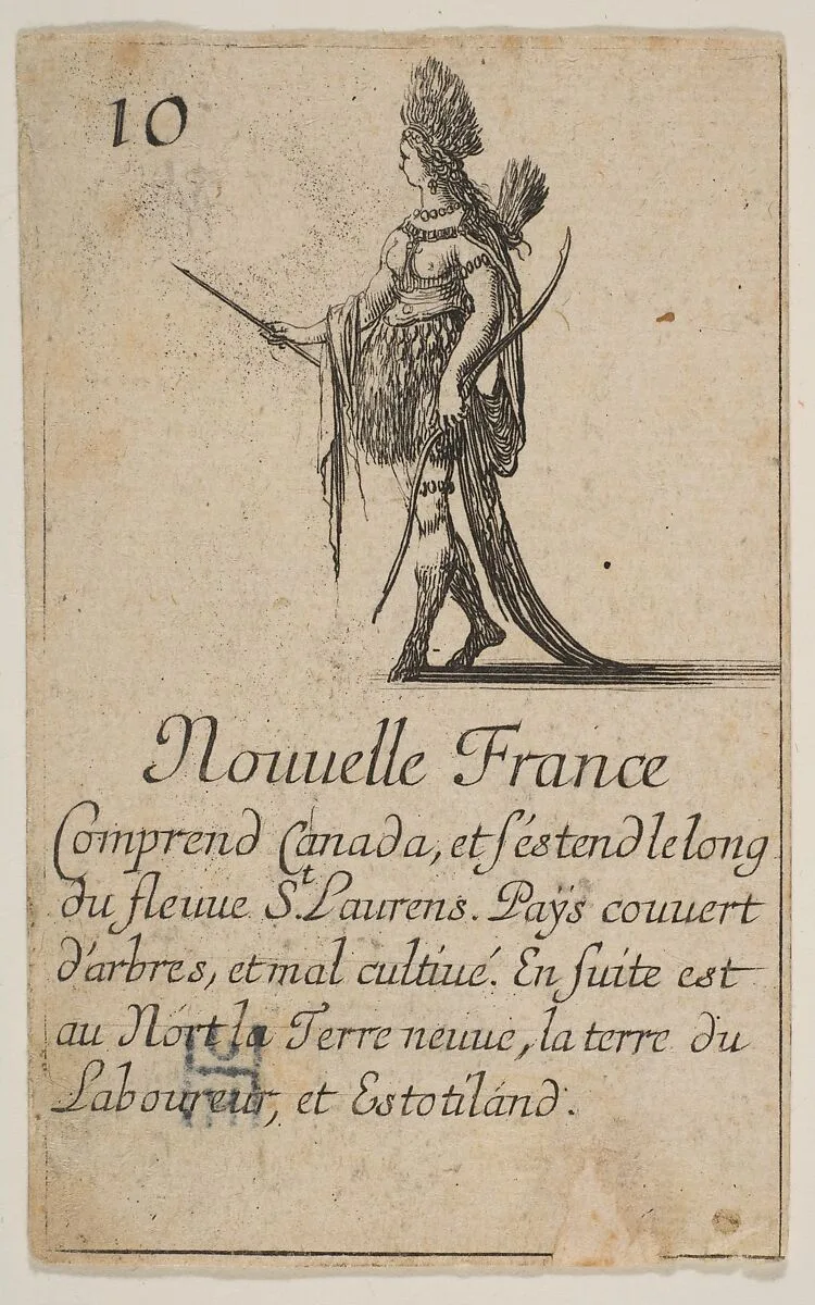 New France, from the playing cards "Jeu de la Géographie" — Stefano della Bella|Jean Desmarets de Saint-Sorlin|Henri Le Gras|Louis XIV, King of France|Cardinal Jules Mazarin