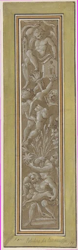 Two Pilaster with White Putti on Tan Ground