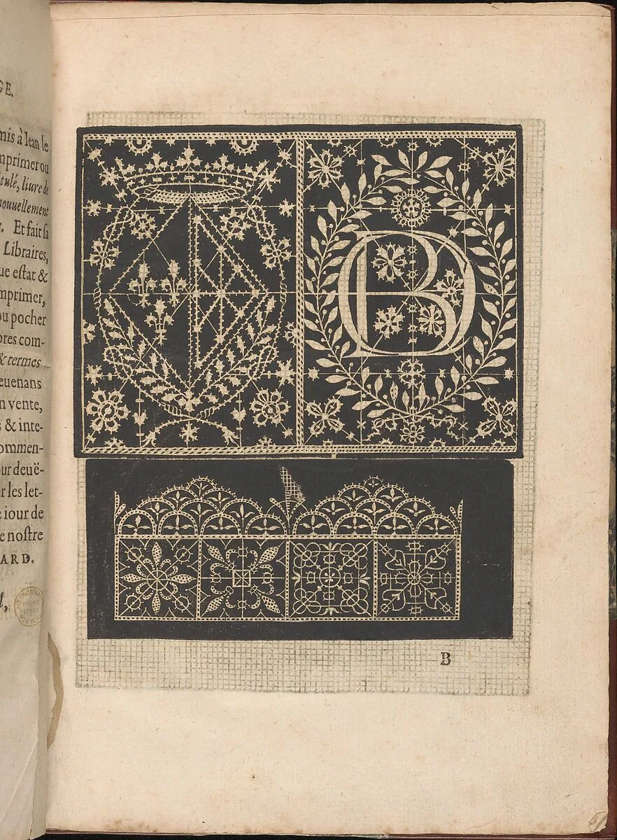 Les Secondes Oeuvres, et Subtiles Inventions De Lingerie du Seigneur Federic de Vinciolo Venitien, page 5 (recto) — Federico de Vinciolo|Jean Le Clerc|Catherine de Bourbon