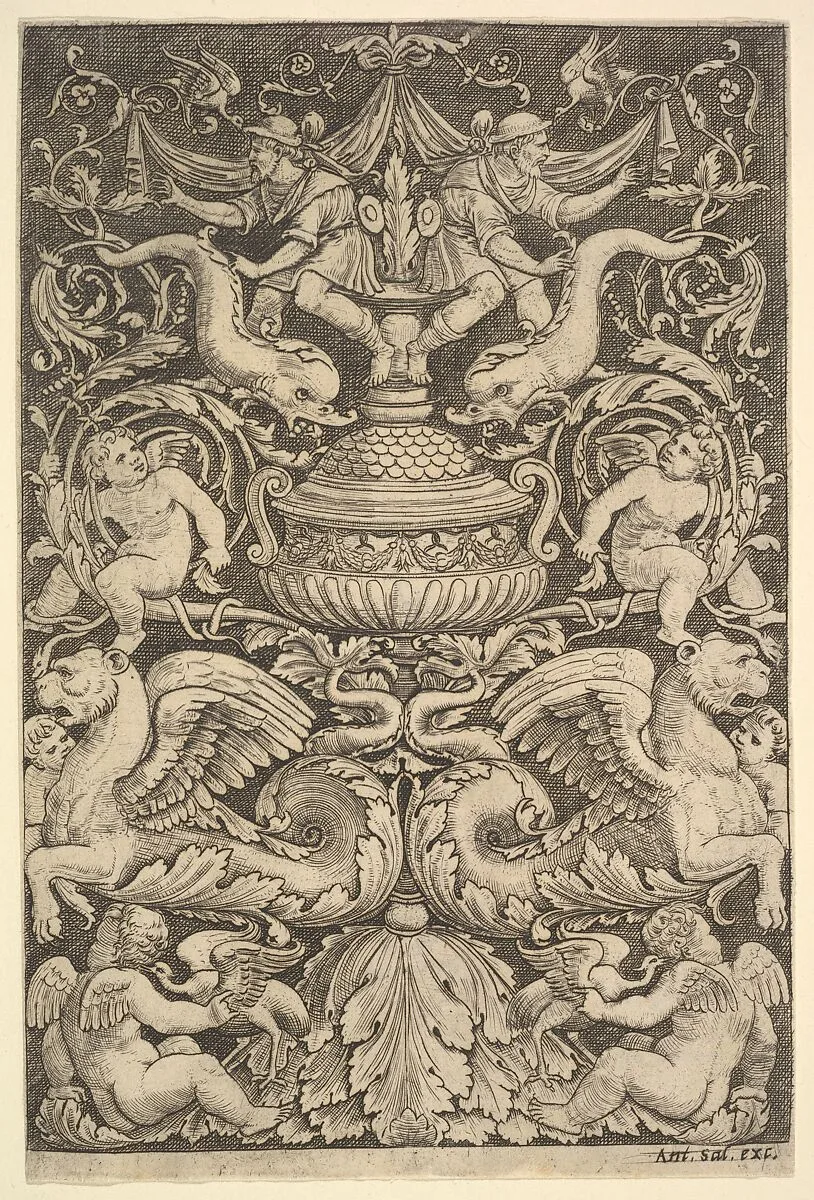 A panel of ornament with a large jar in centre, putti and other figures — Master of the Die|Perino del Vaga (Pietro Buonaccorsi)|Antonio Salamanca