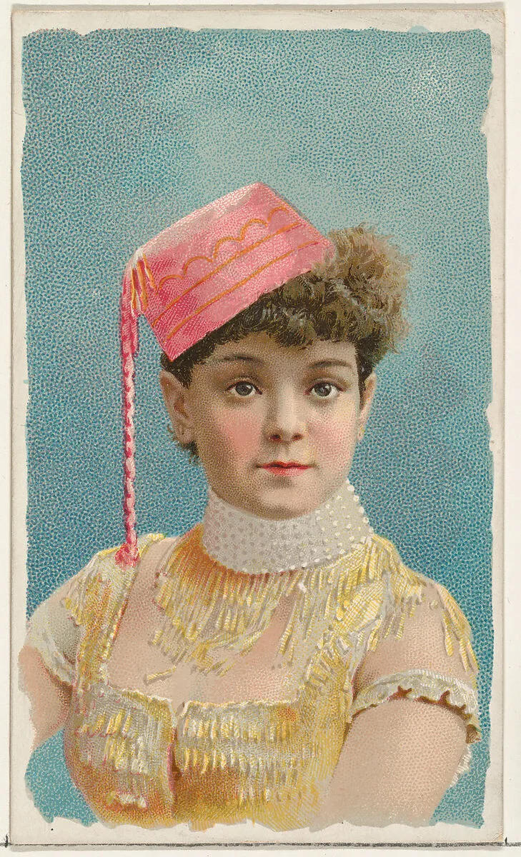 Actress wearing pink fez, from Stars of the Stage, First Series (N129) issued by W. Duke, Sons & Co. to promote Honest Long Cut Tobacco — W. Duke, Sons & Co.|Knapp & Company