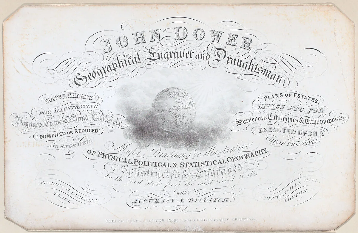 Trade card for John Dower, geographical engraver and draughtsman — Anonymous, British, 19th century