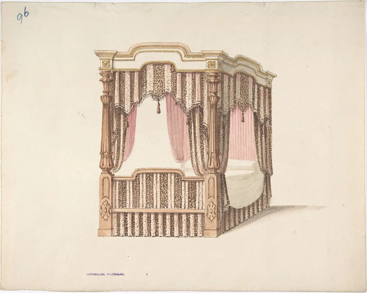 Design for a Four-poster Bed with Pink, Brown and White Draperies — Anonymous, British, 19th century