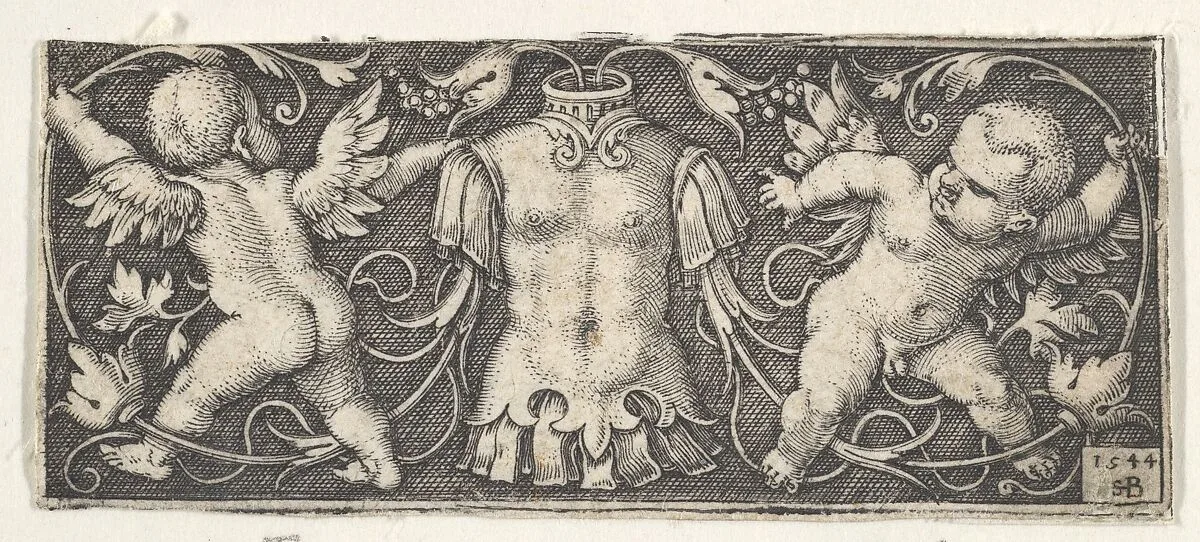 Horizontal Panel with Armor at Center, Flanked by Two Genii — Sebald Beham|Barthel Beham