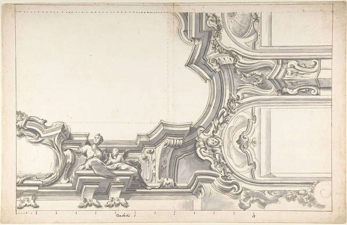 Design for an Elaborate Cornice with a Cartouche and Figures Supporting a Ceiling, with Two Arched Openings. — Anonymous, Italian, Piedmontese, 18th century