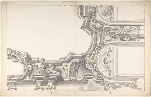 Design for an Elaborate Cornice with a Cartouche and Figures Supporting a Ceiling, with Two Arched Openings.