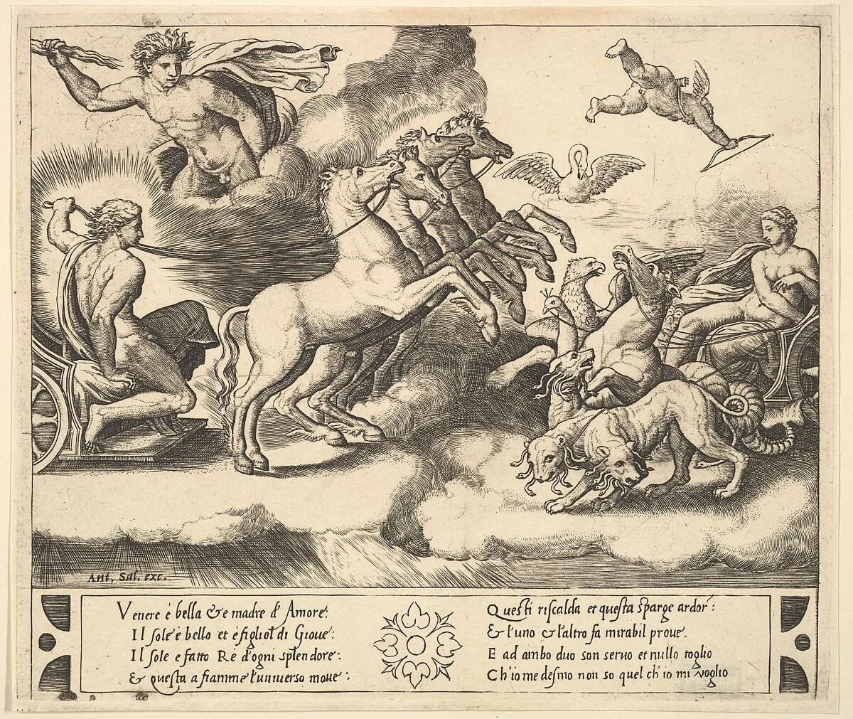 Apollo in his horse-drawn chariot at the left, above him above Jupiter hurls a thunderbolt, Venus at right in her chariot drawn by animals, from "Story of Apollo and Daphne" — Master of the Die|Raphael (Raffaello Sanzio or Santi)|Antonio Salamanca