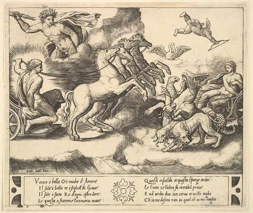 Apollo in his horse-drawn chariot at the left, above him above Jupiter hurls a thunderbolt, Venus at right in her chariot drawn by animals, from "Story of Apollo and Daphne"