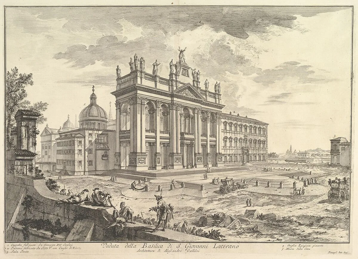 S. Giovanni in Laterano, main façade, with Palace and Scala Santa on the right (Veduta della Basilica di S. Giovanni Laterano), from "Vedute di Roma" — Giovanni Battista Piranesi