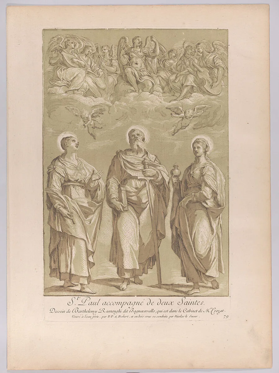 Saint Paul accompanied by two female saints with angels above — Bartolommeo Ramenghi|Paul Ponce Antoine Robert-de-Seri