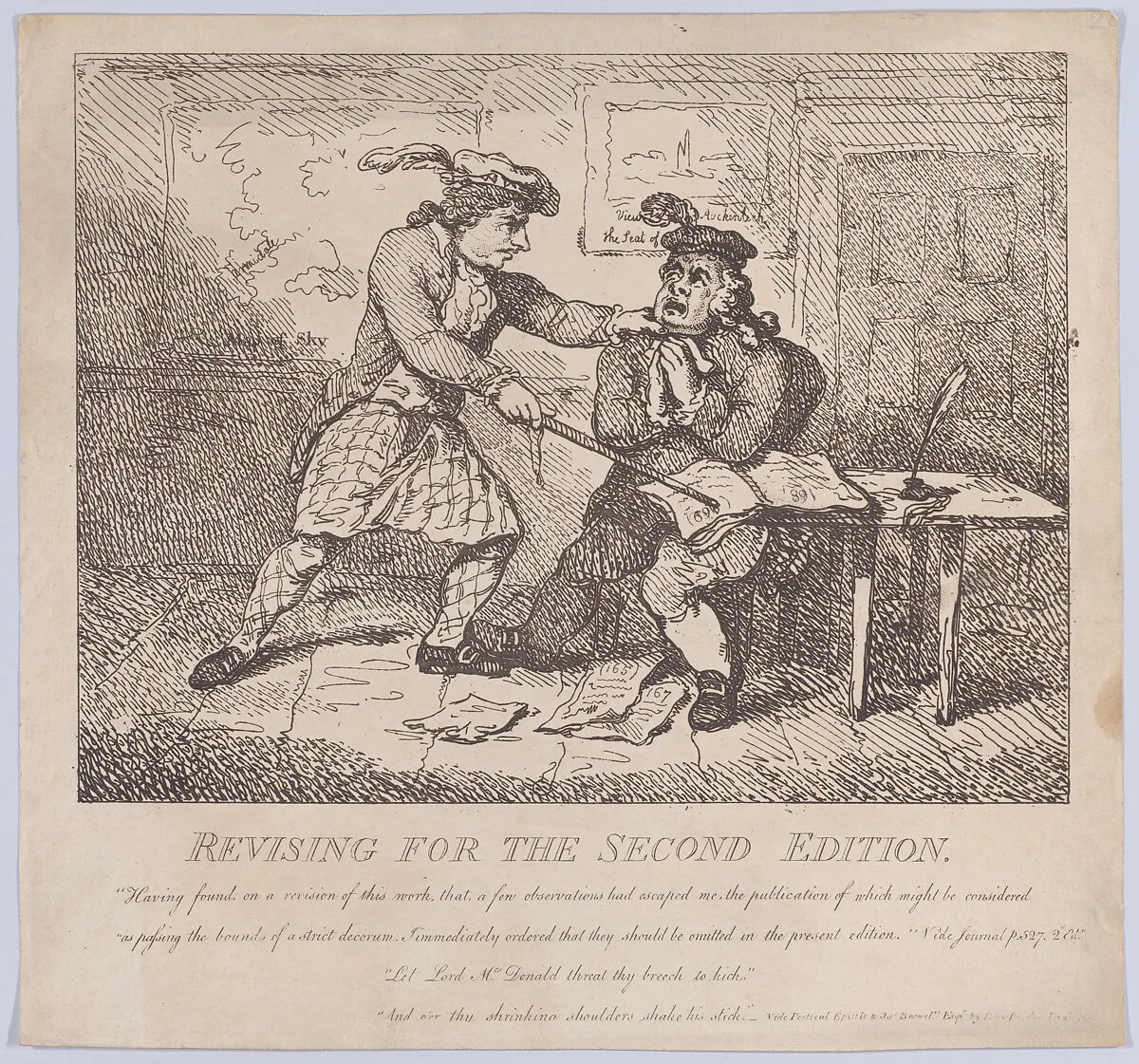 Frontispiece, Revising for the Second Edition (Picturesque Beauties of Boswell, Part the Second) — Alexander Macdonald , 1st Baron Macdonald of Slate|Thomas Rowlandson|James Boswell|Alexander Boswell, Lord Auchinleck|Samuel Collings|Elizabeth Jackson