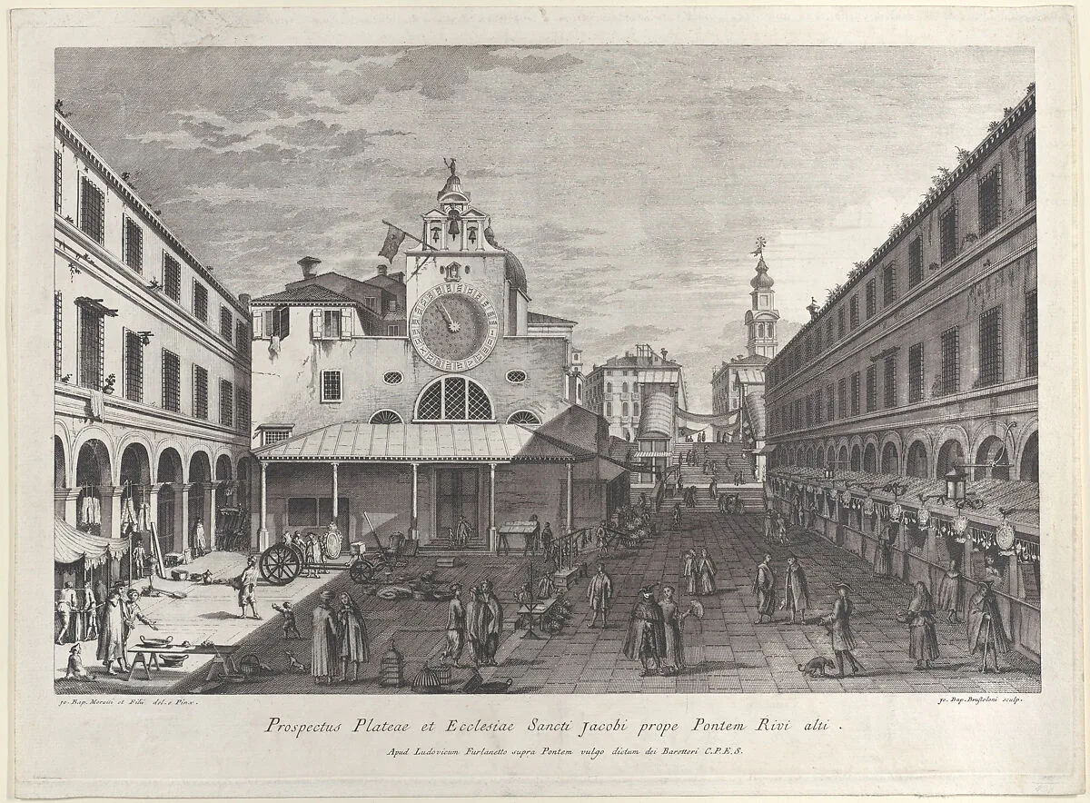The Church of San Giacomo di Rialto, at right Palazzo dei Dieci and the bridge of Rialto — Lodovico Furlanetto|Giovanni Battista Moretti|Giovanni Battista Brustolon