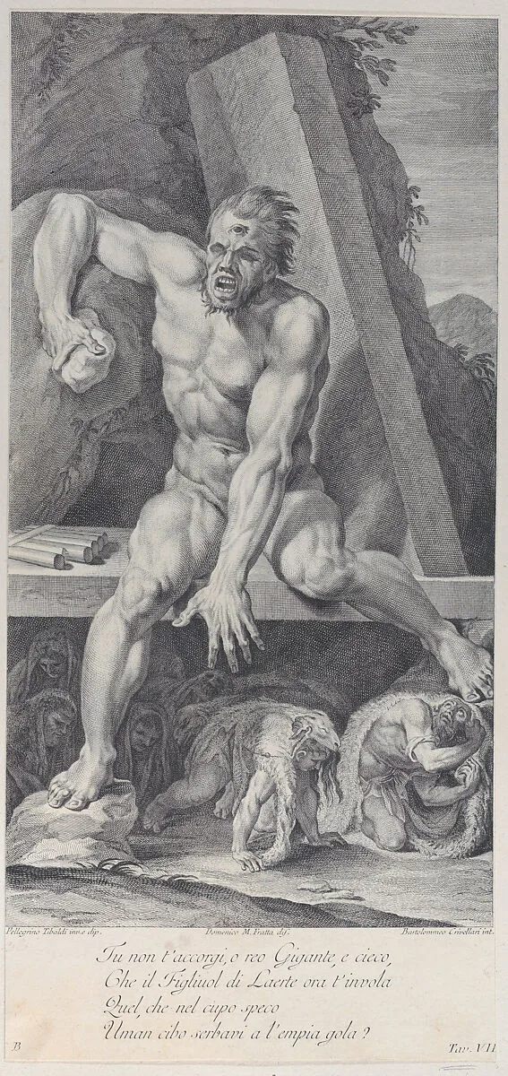 Plate 7: the blinded Polyphemus, guarding the entrance of his cavern, with Ulysses and his companions escaping below by covering themselves with ram skins — Pellegrino Tibaldi|Domenico Maria Fratta|Bartolomeo Crivellari|Giampietro Zanotti