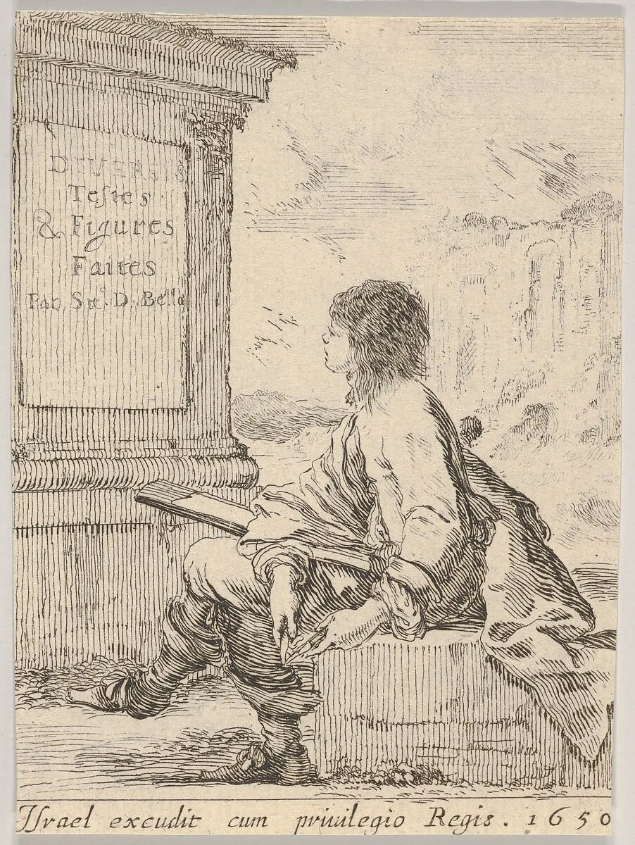 Plate 1: a young man sitting on a stone, facing left in profile, holding a drawing pad in his lap and a pen in his left hand, a pedestal with title to left and ruins to right in the background, title page from 'Various heads and figures' (Diverses têtes et figures) — Stefano della Bella|Israël Henriet