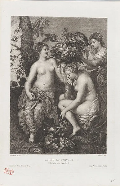 Allegory of abundance: Ceres holding a cornucopia at left and Pomona at right feeding fruit to a monkey, from "Gazette des Beaux-Arts" — Charles Louis Kratké|Peter Paul Rubens|A. Clément