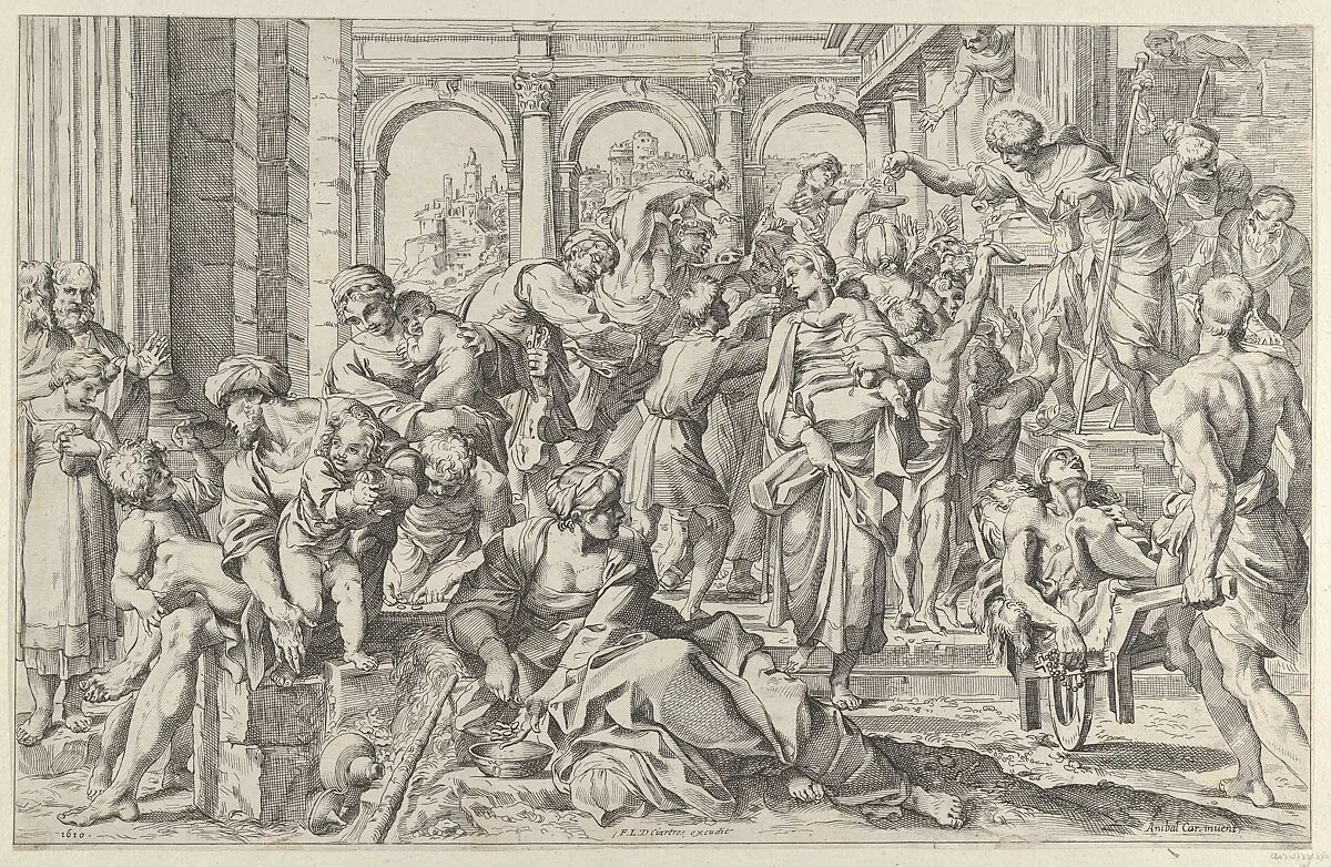 Saint Roch at right distributing alms to a group of people gathered around him, after Annibale Caracci — Annibale Carracci|François Langlois|Anonymous|Francesco Brizio