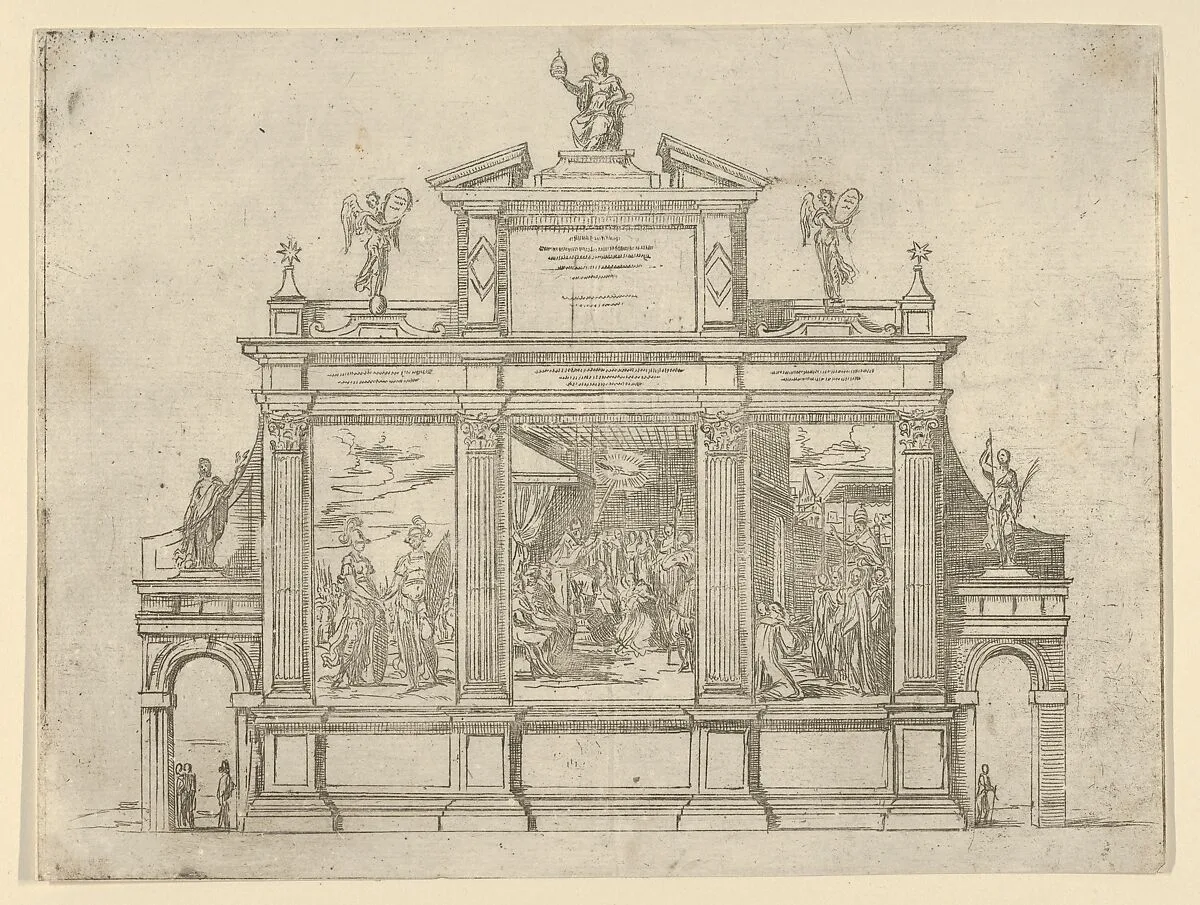 Façade of a triumphal monument with three scenes depicting deeds of Pope Clement VIII, a temporary decoration for the entry of Pope Clement VIII in Bologna in 1598 — Guido Reni